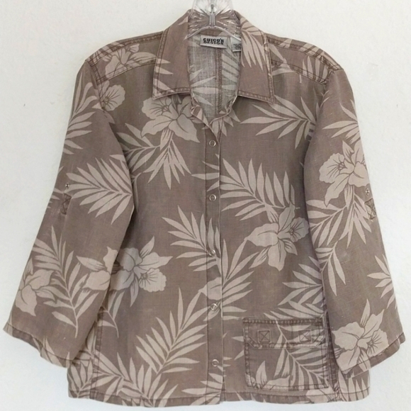 CHICOS Linen Crop Top ShirJac  Khaki Snaps Vacation Size Medium - Picture 1 of 8